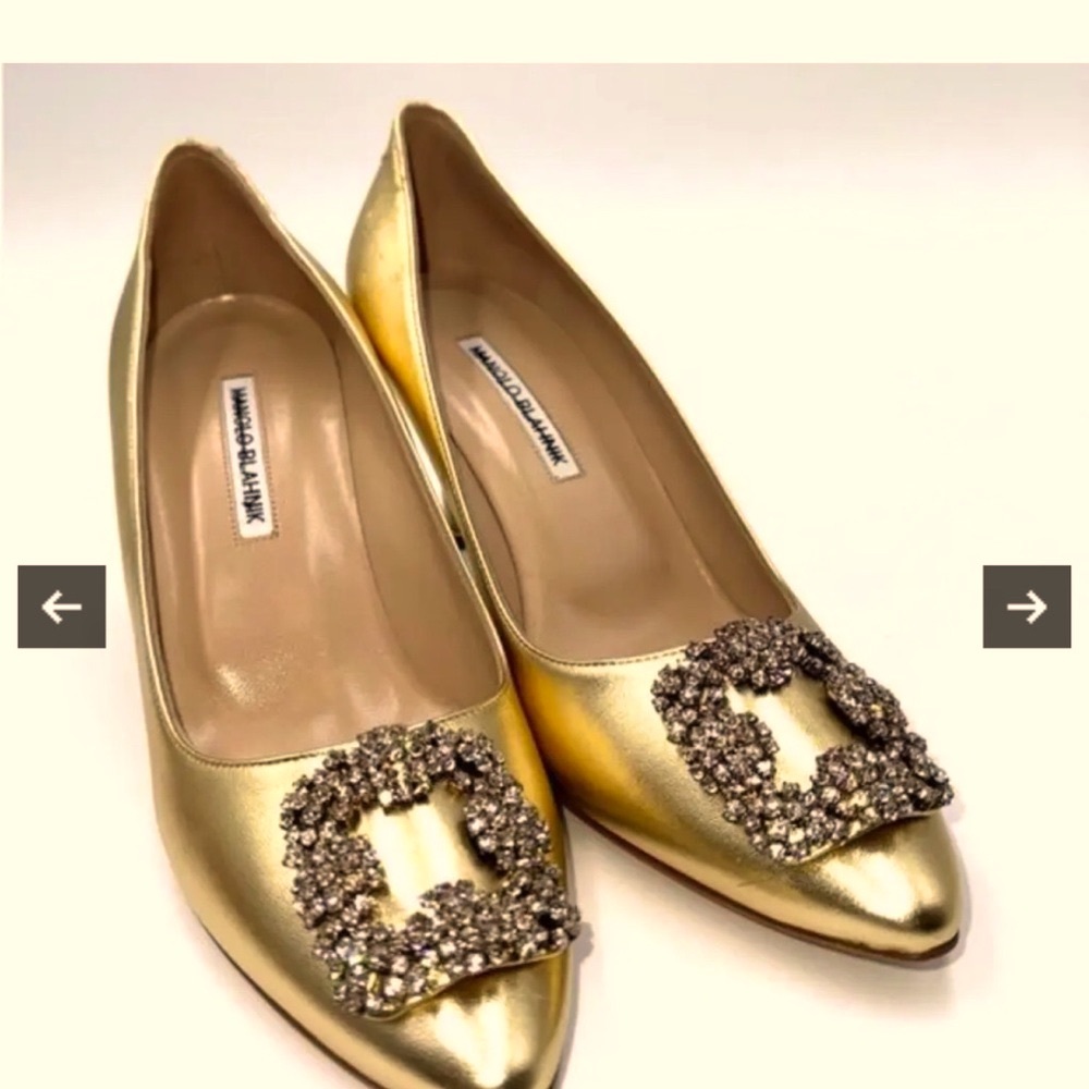 Manolo Blahnik Hangisi Gold Leather with Champagne Crystals 3”heels
